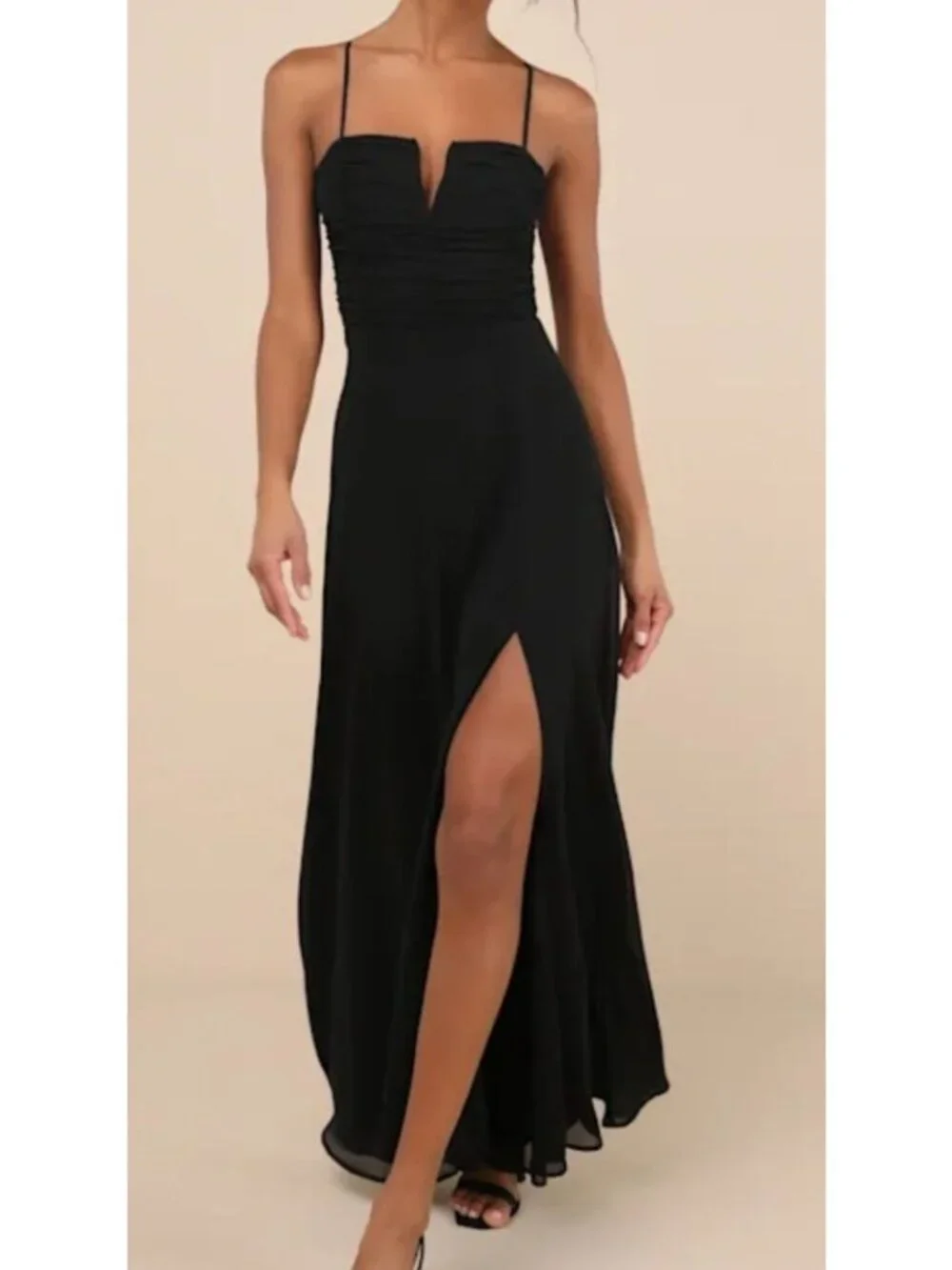 Lulus Elegant Black Maxi Dress With Ruched Bodice Spaghetti Straps & High Slit -